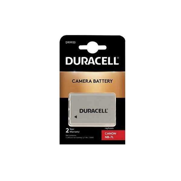 Packaging of Duracell camera battery for Canon NB-7L, displaying the battery and brand name, with a power indicator of 2 out of 5 bars.