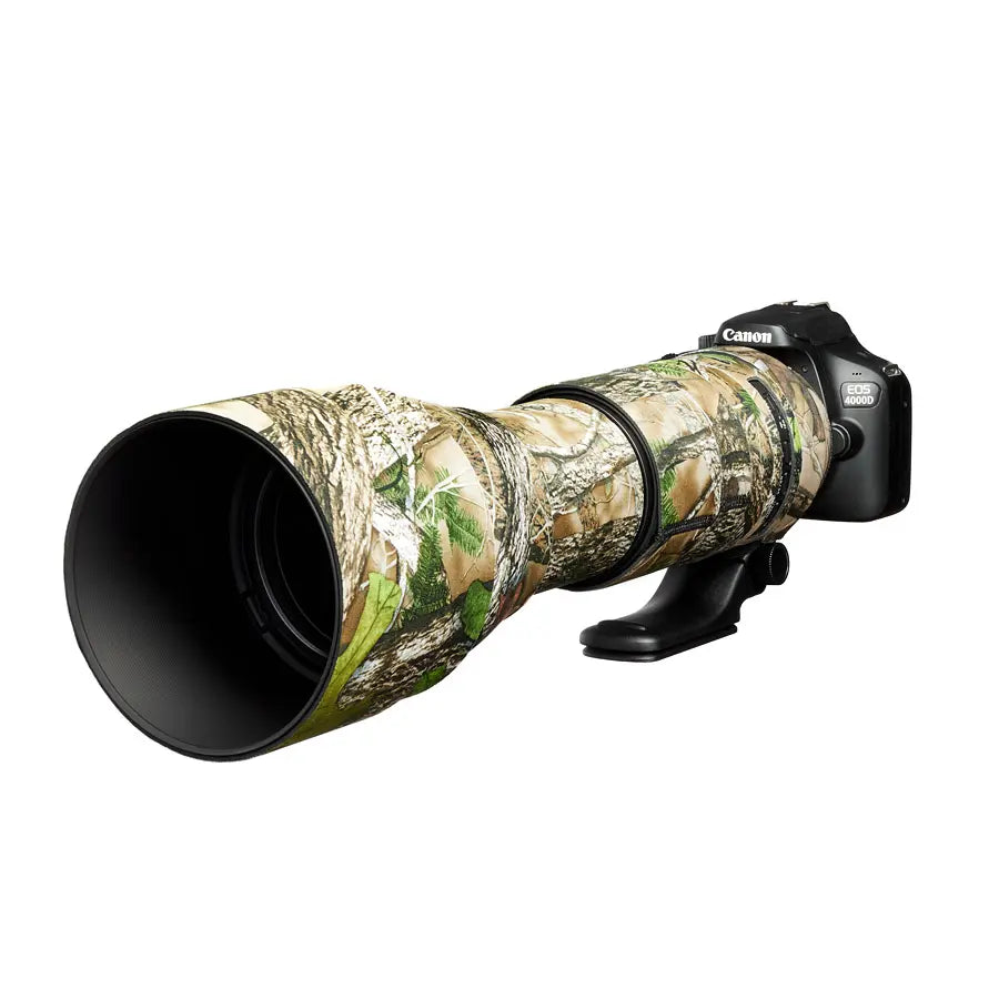 Camouflage camera lens with Canon branding on a white background