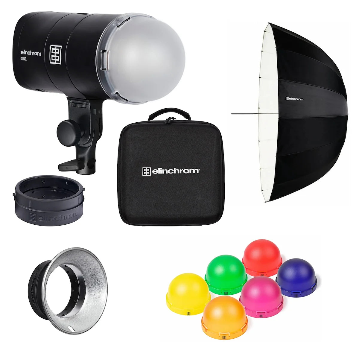 An image showcasing the Elinchrom ONE Off-Camera Flash Portrait Kit, including a black flash unit, various light diffusers, a white umbrella, and color gels.