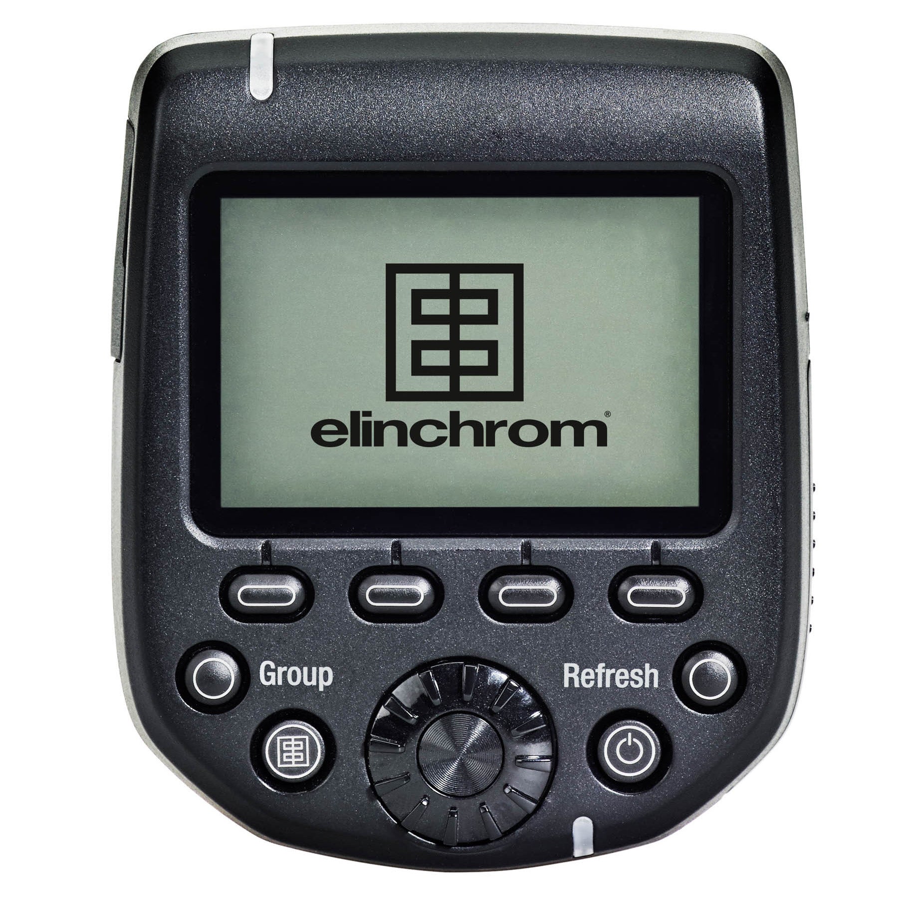Elinchrom Transmitter Pro with an LCD screen, buttons for group and refresh, and the Elinchrom brand logo.