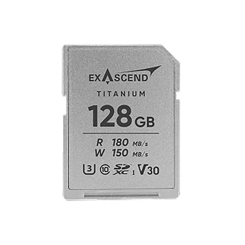 ExAscend Titanium 128GB memory card on a white background