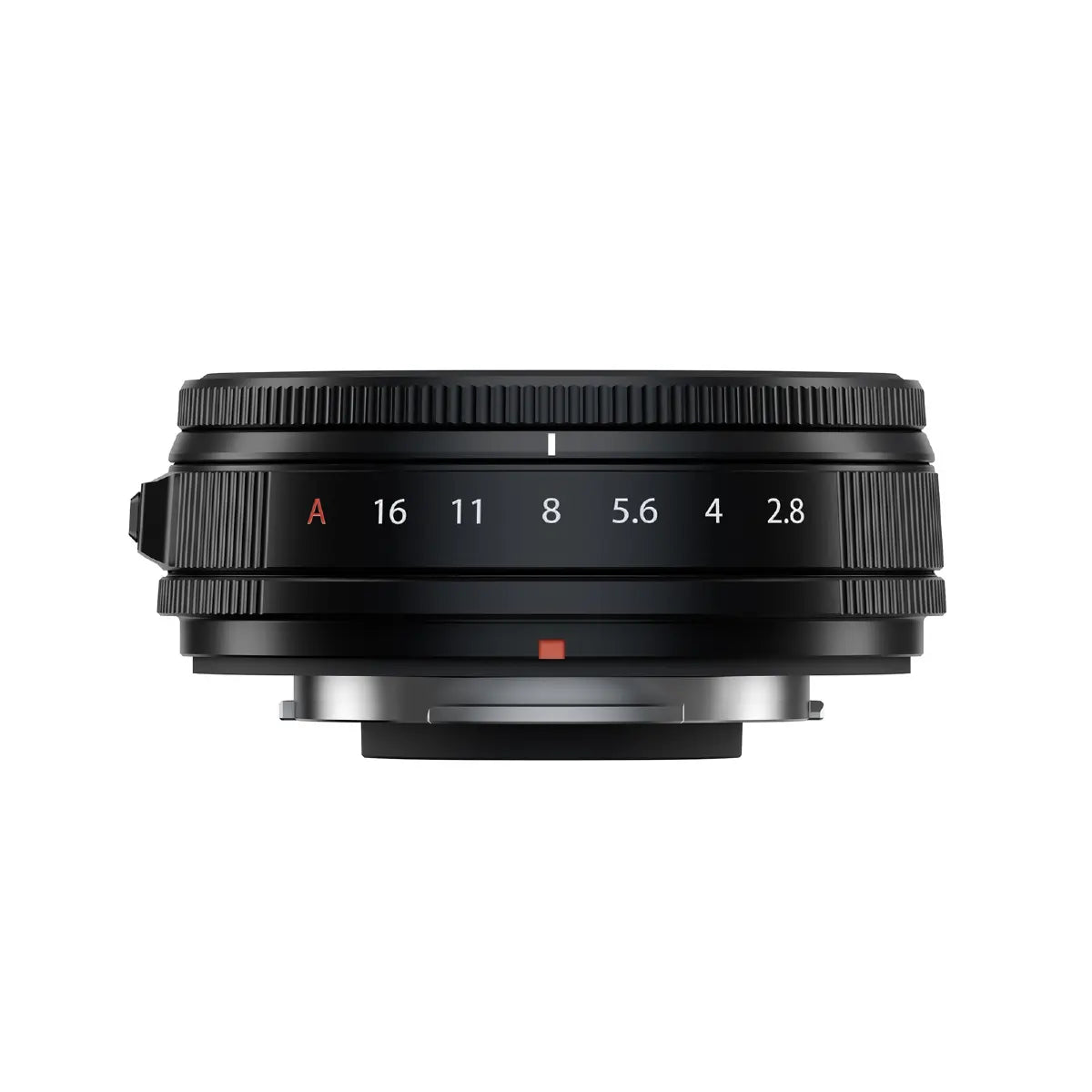 Camera lens with focus and aperture settings on a white background