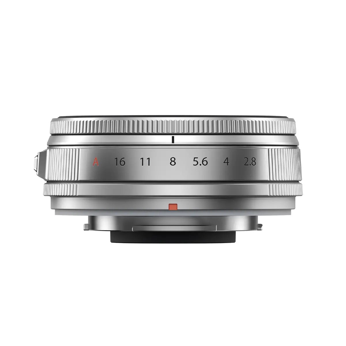 Silver camera lens with focus and f-number markings on a white background