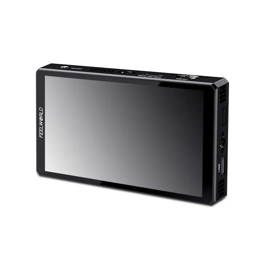 Camera monitor displaying a person in an indoor setting with a blurred background