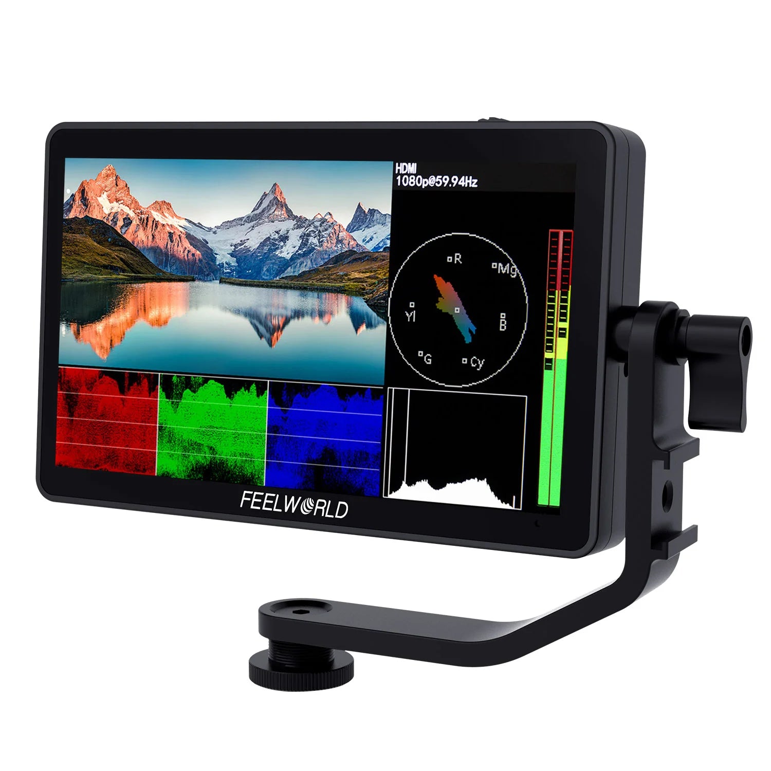 Camera monitor with screen displaying mountain landscape and FEELWORLD branding