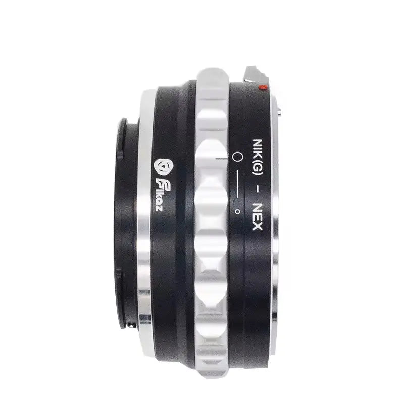 Camera lens adapter with Nik (G) and NEX branding on a white background