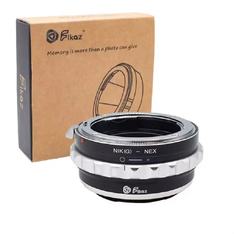Camera lens adapter with Fikaz branding next to its packaging box on a white background