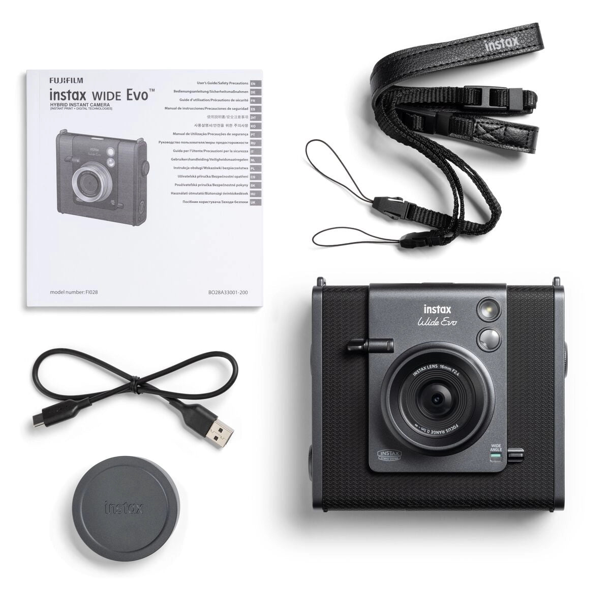 Fuji Instax Wide Evo Black Hybrid Instant Camera package contents