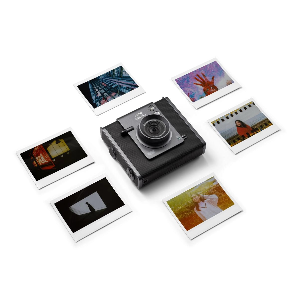 Fuji Instax Wide Evo Black Hybrid Instant Camera camera with multiple images beside