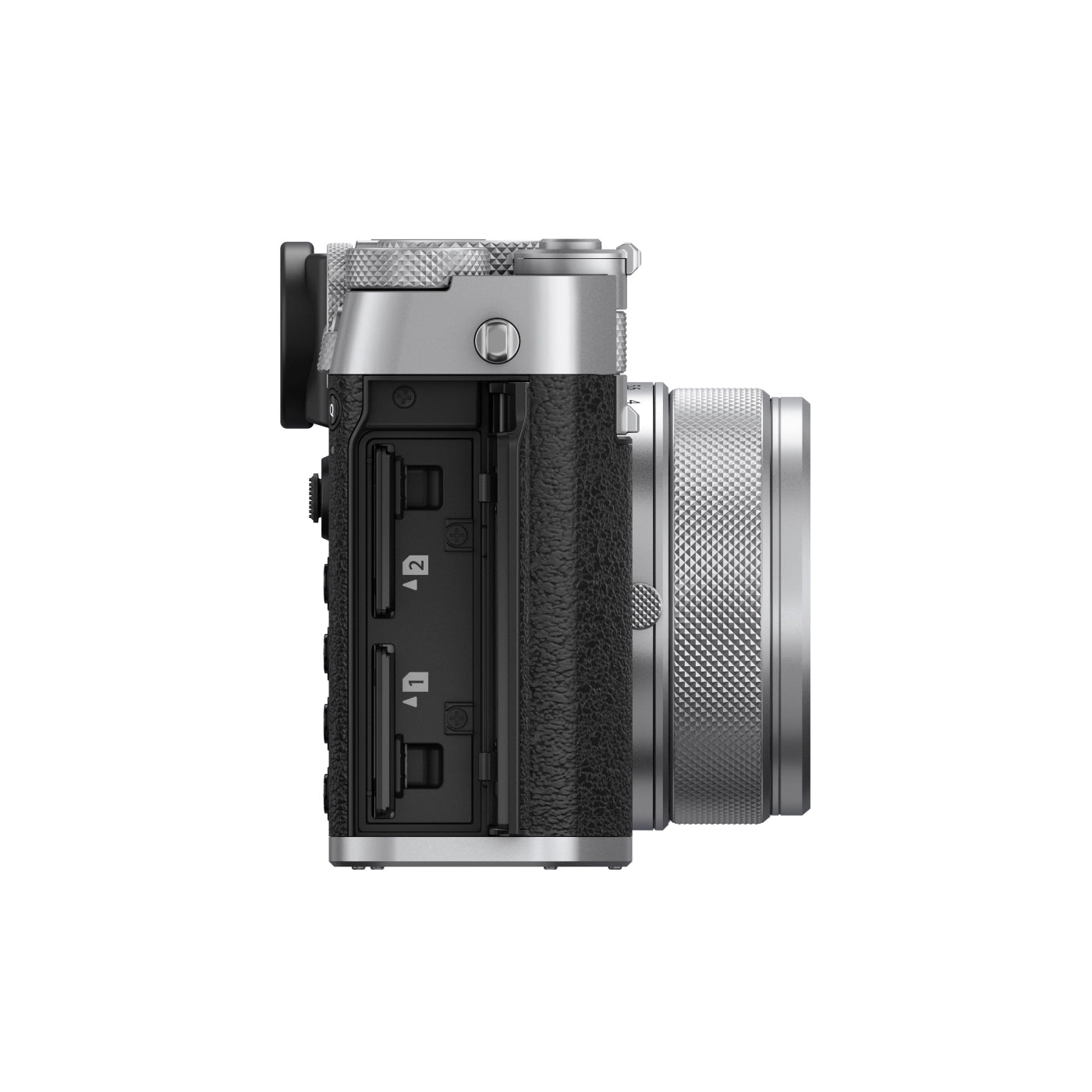 Fujifilm GFX 100 RF Fixed-Lens Medium Format Camera - Silver side with sd card slots open