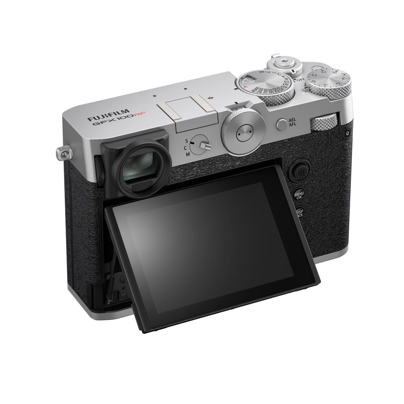 Fujifilm GFX 100 RF Fixed-Lens Medium Format Camera - Silver back with screen rotated up