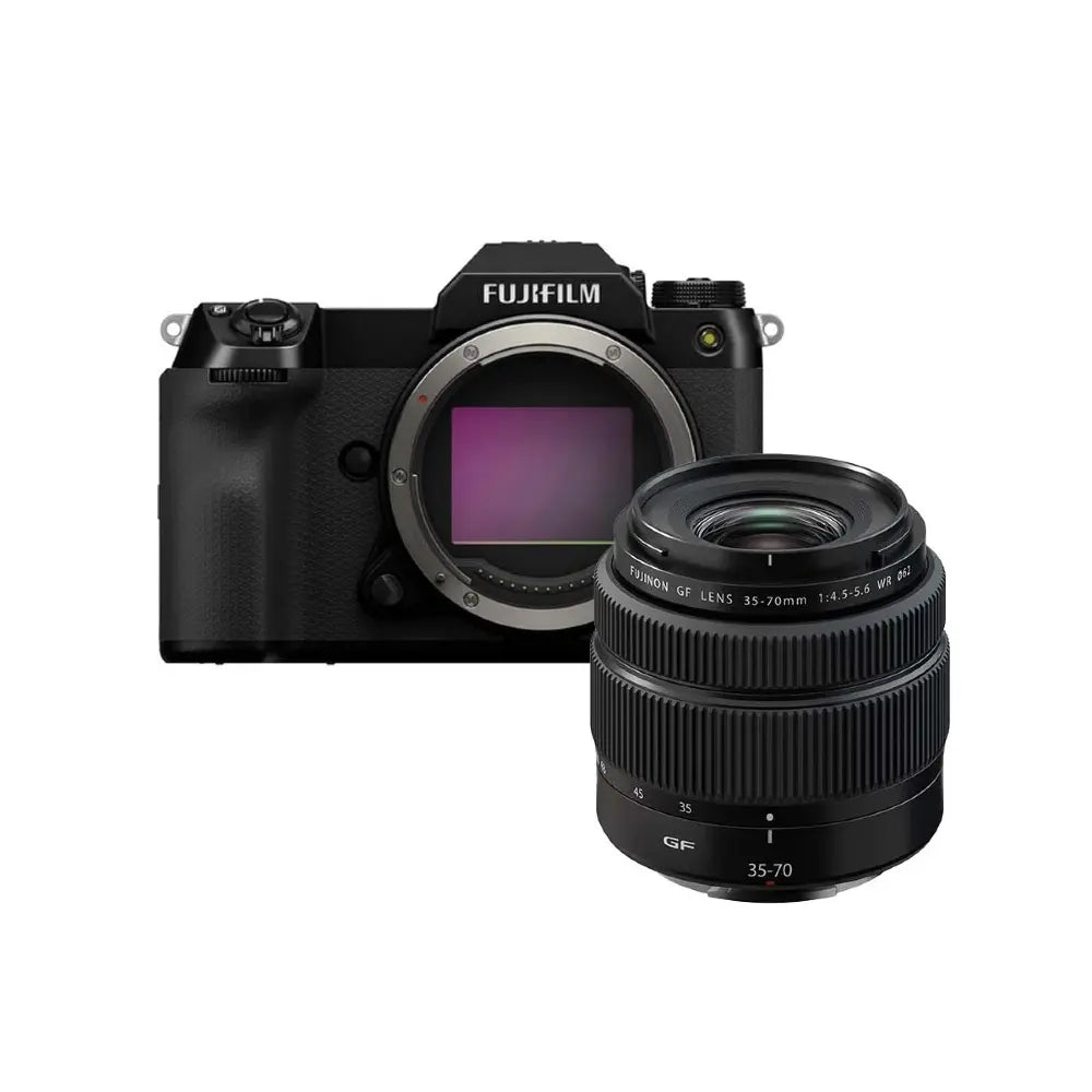 Fujifilm camera with lens on a white background