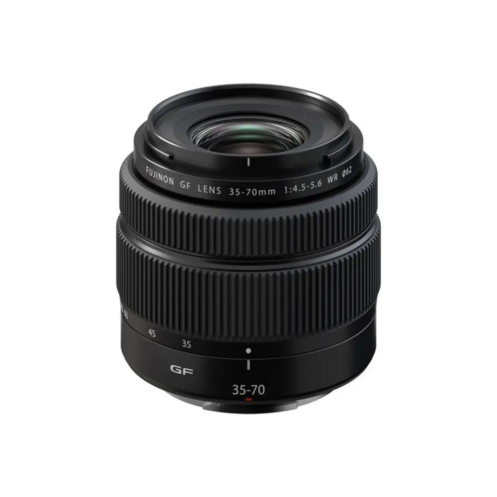 Black camera lens with 'GF' and specifications on a white background