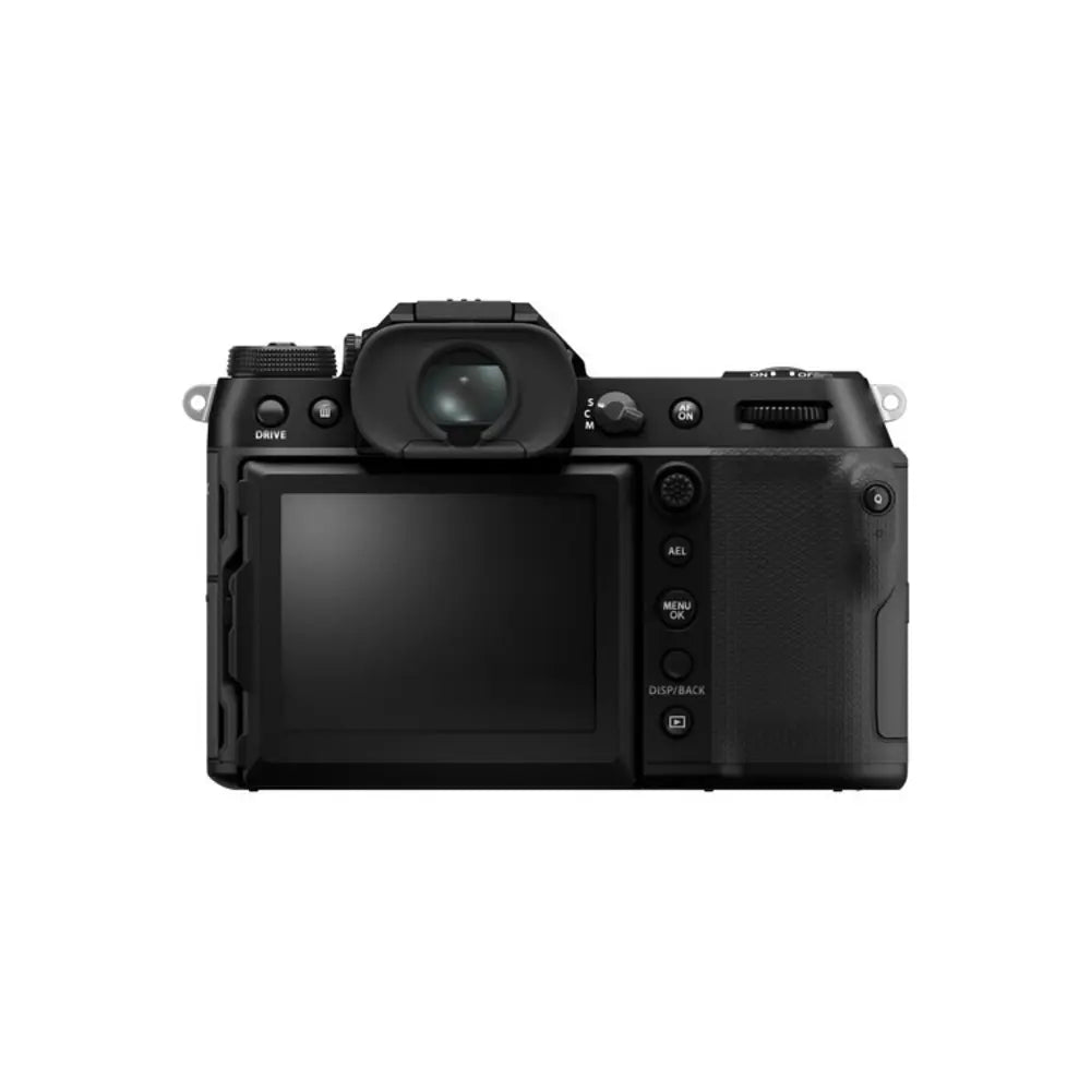 Black camera body on a white background
