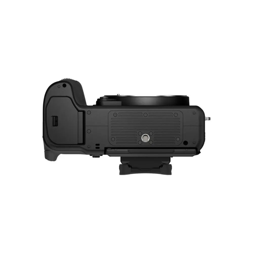 Black camera body on a white background