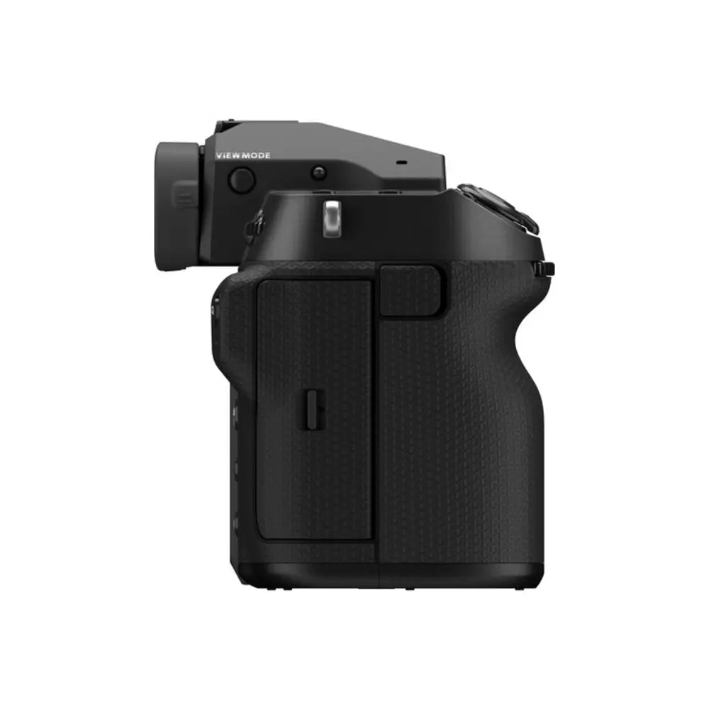 Black camera body on a white background