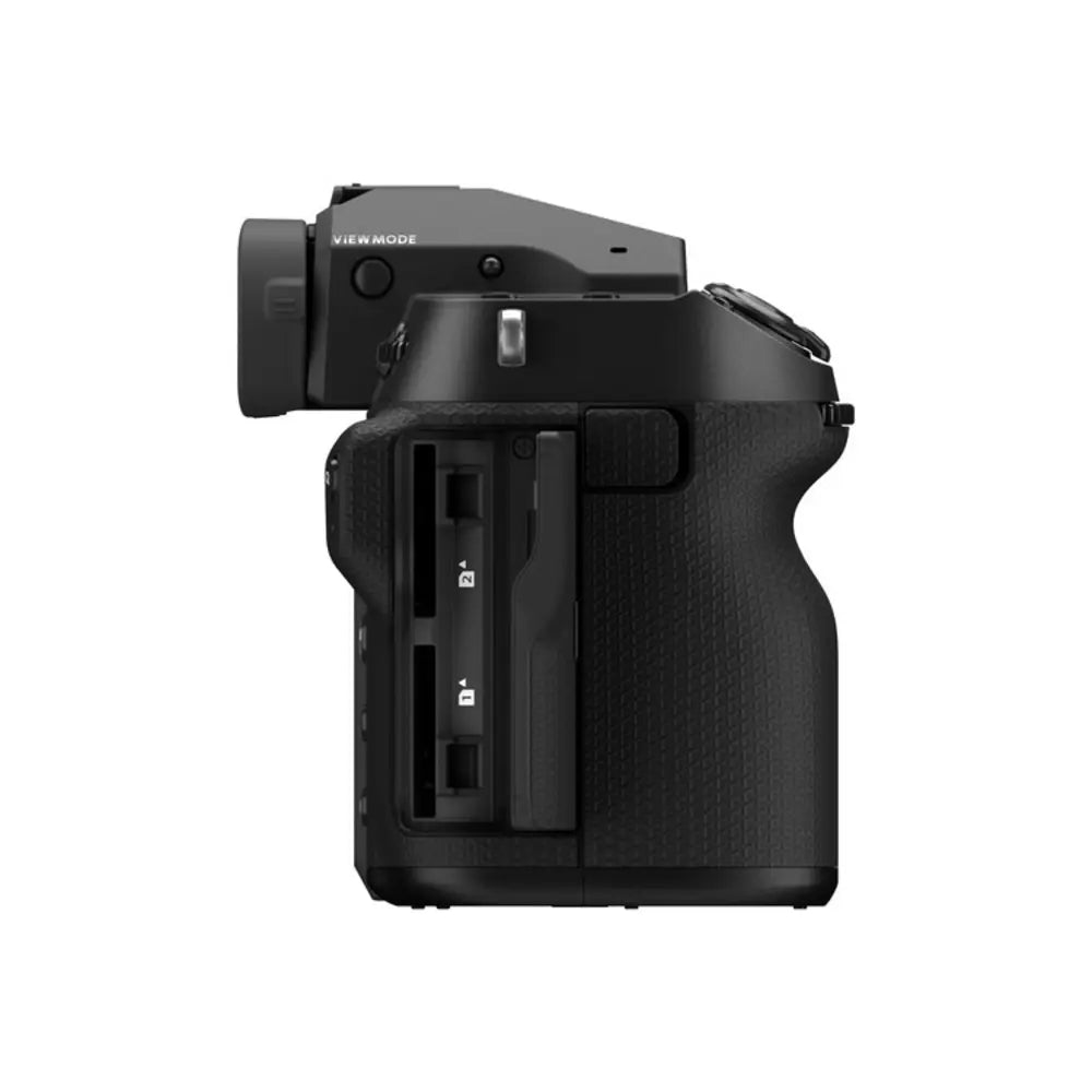 Black camera body on a white background