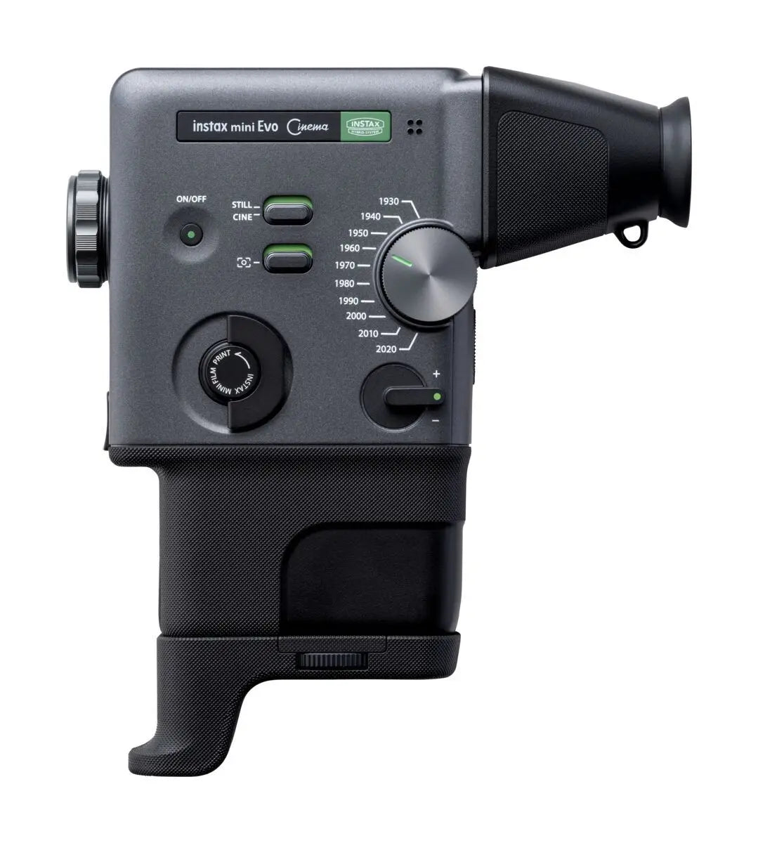 A black Instax Mini Evo Cinema InstantLapse photo printer grip attachment with a top-mounted viewfinder, featuring multiple control buttons and dials on a solid white background.
