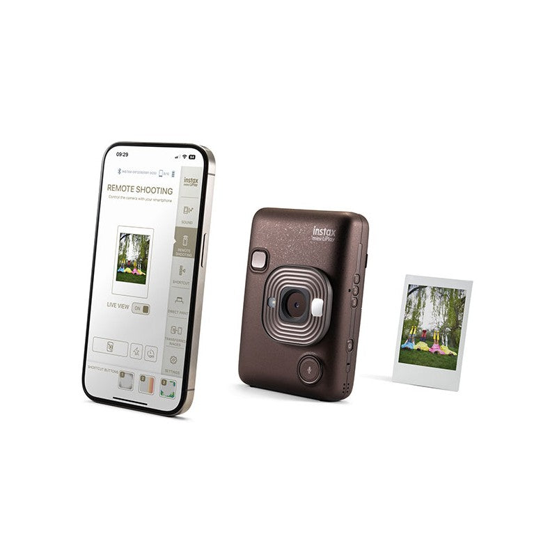 Fujifilm Instax Square SQ20 camera with smartphone app interface on a white background