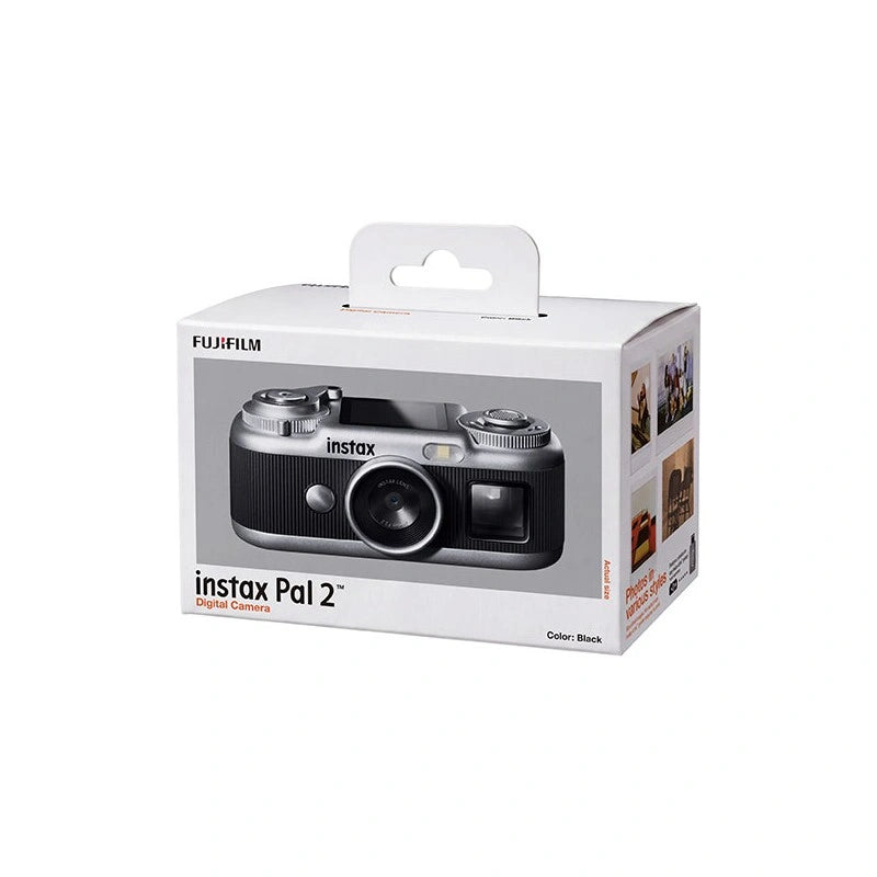 Fujifilm Instax Pal 2 digital camera box in color black, showing the camera's front and side views on a white background.