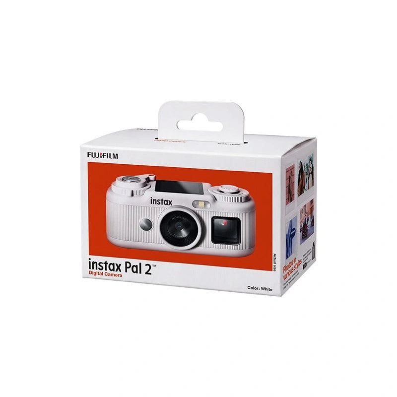 Fujifilm Instax Pal 2 digital camera box in white with a red-orange front panel showing the camera, photographed on a light gray background.