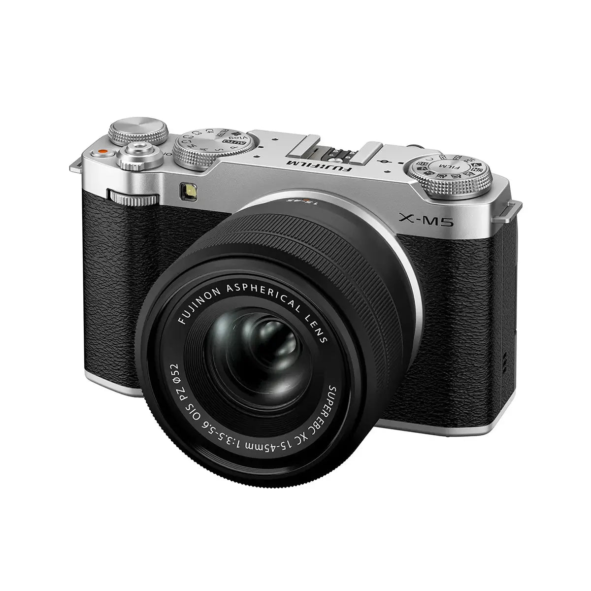 Fujifilm X-M5 with XC 15-45mm Lens - Silver (Black Lens) front side