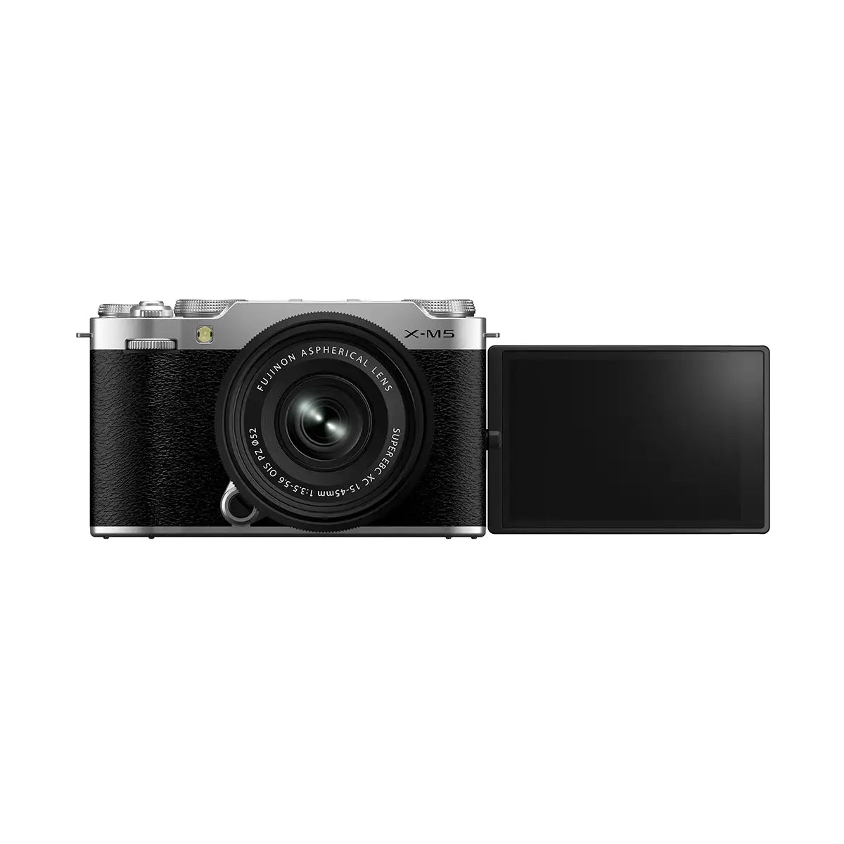 Fujifilm X-M5 with XC 15-45mm Lens - Silver (Black Lens) front with screen rotated