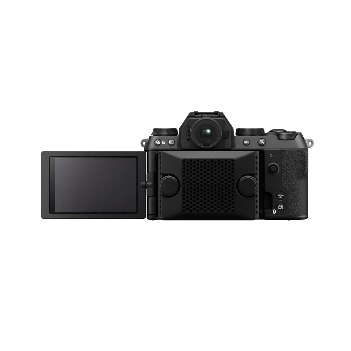 Fujifilm X-S20 Mirrorless Camera with XC 15-45mm F3.5-5.6 OIS PZ lens - Black back with screen rotated and cooling fan attached
