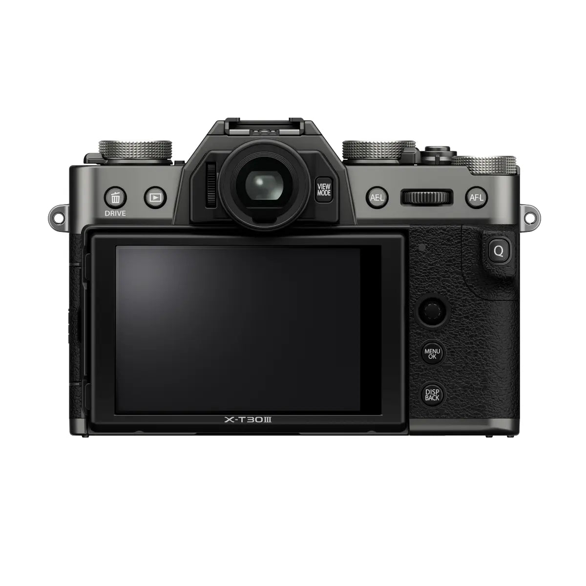 Black camera body on a white background
