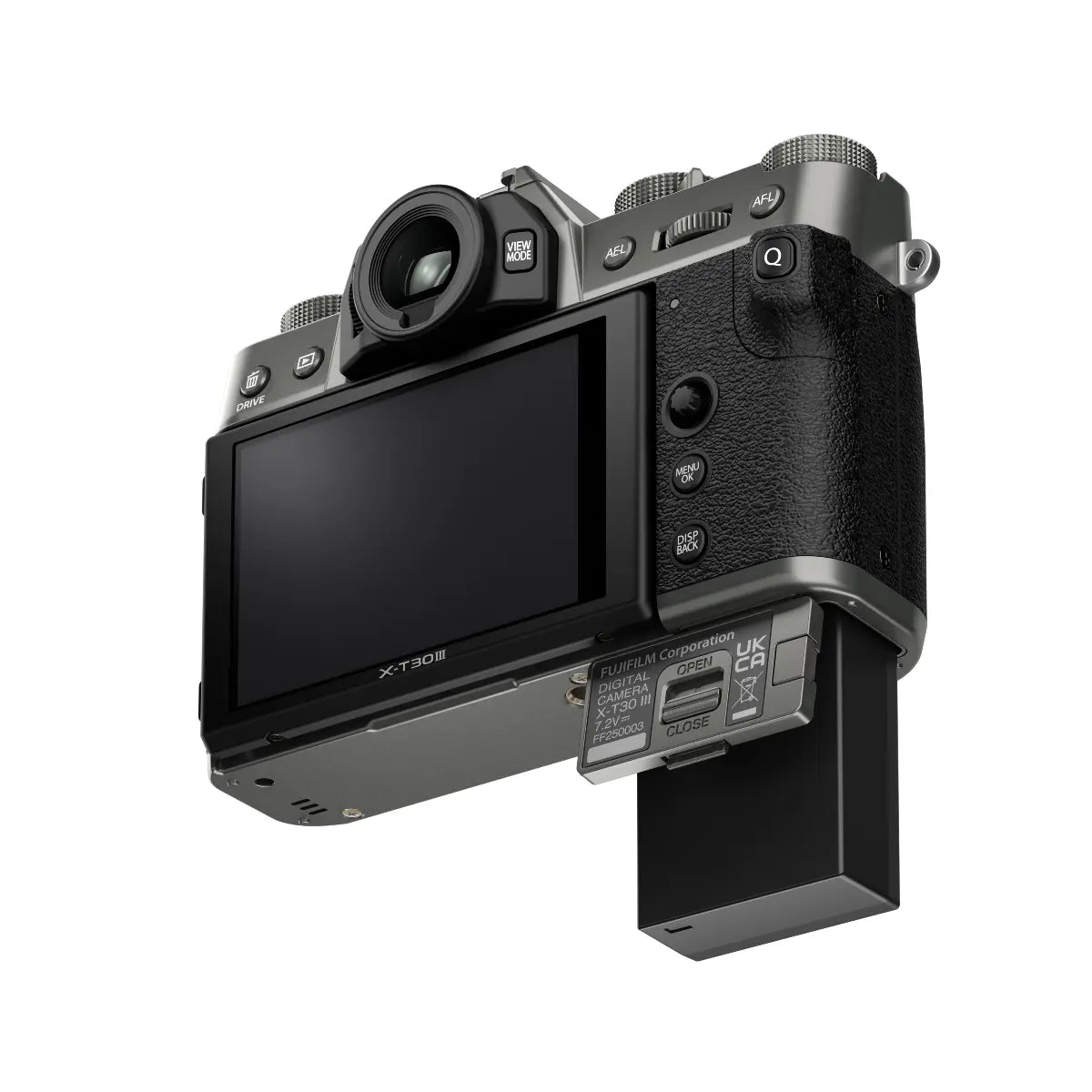 Camera body with screen and control buttons on a white background