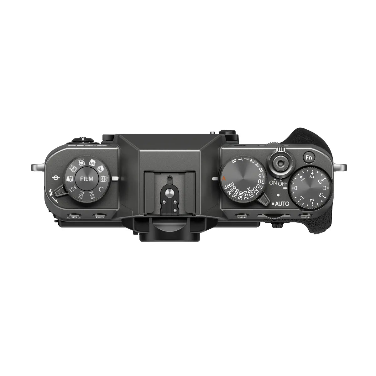 Camera control panel with various dials and buttons on a white background