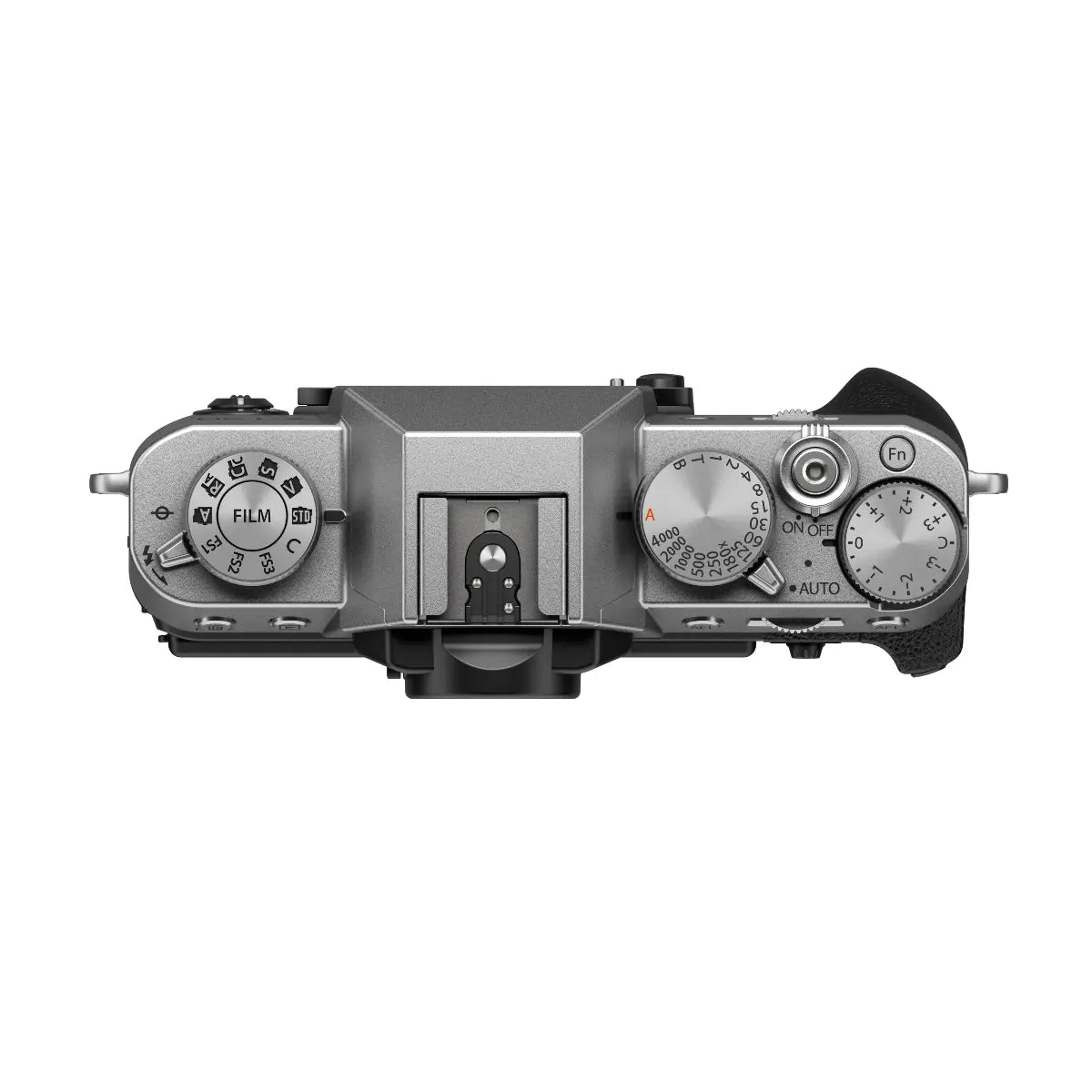 Camera body with control dials on a white background
