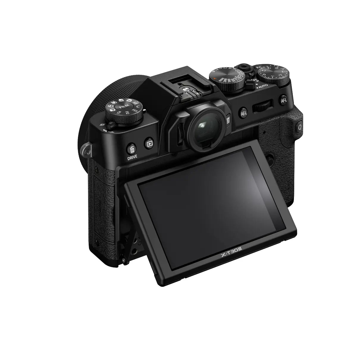 Black camera with a tilting screen on a white background