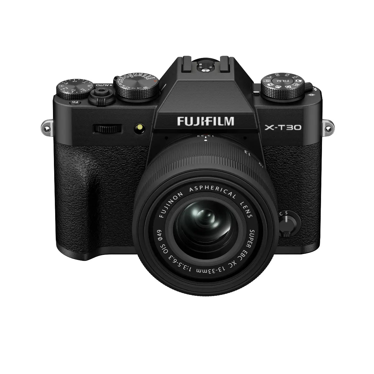 Black Fujifilm camera on a white background