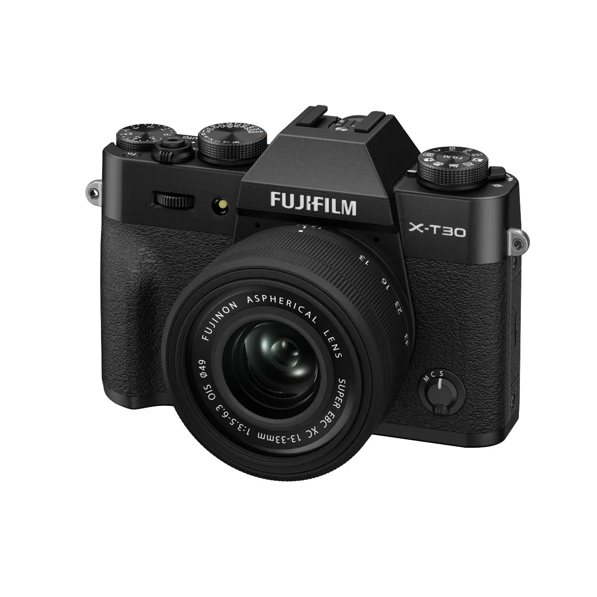 Black Fujifilm camera with 'X-T30' model on a white background