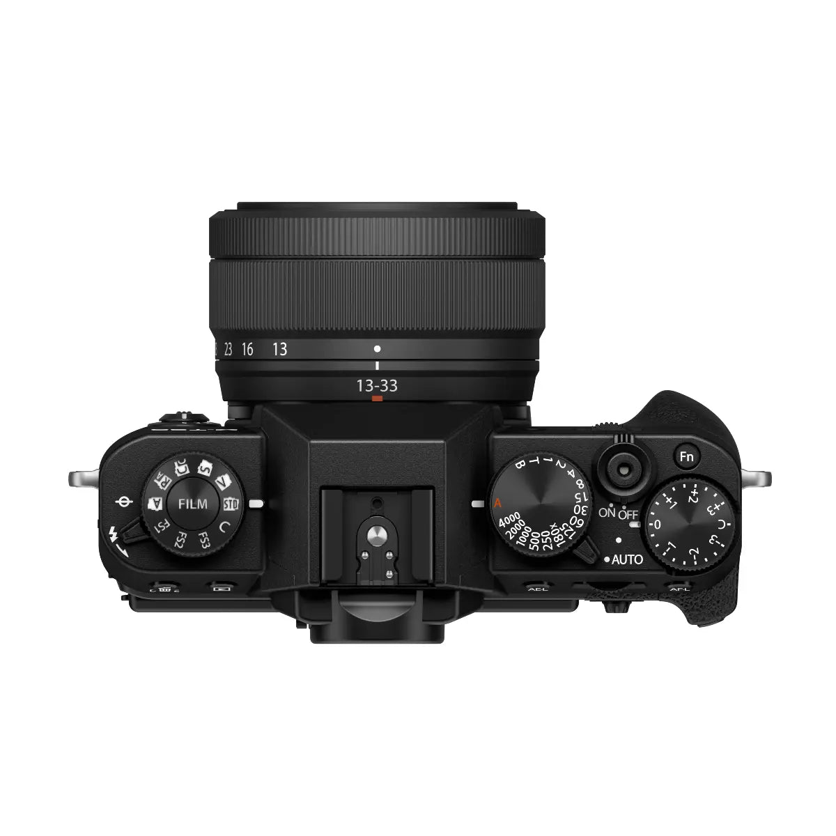 Top view of a black camera on a white background