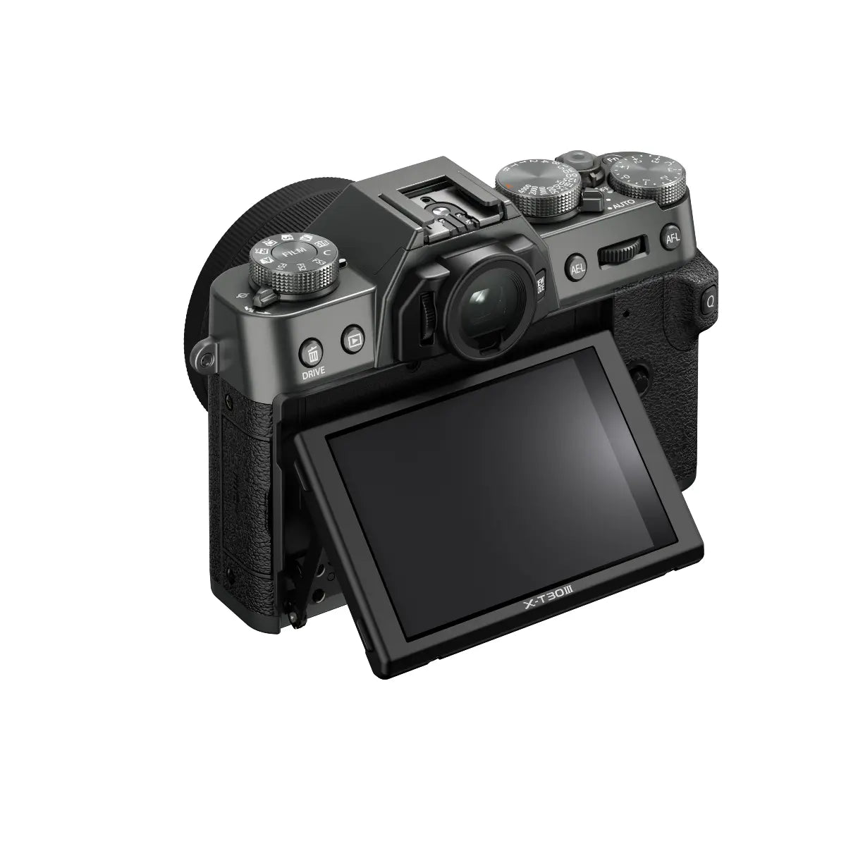 Black camera with a tilting screen on a white background