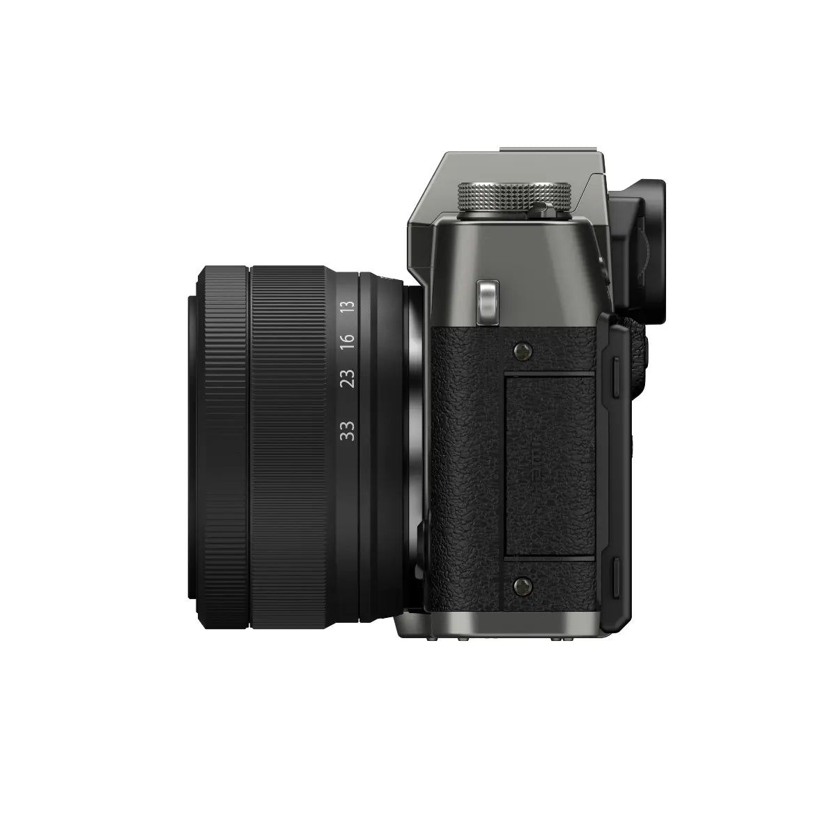 Black camera body with lens on a white background