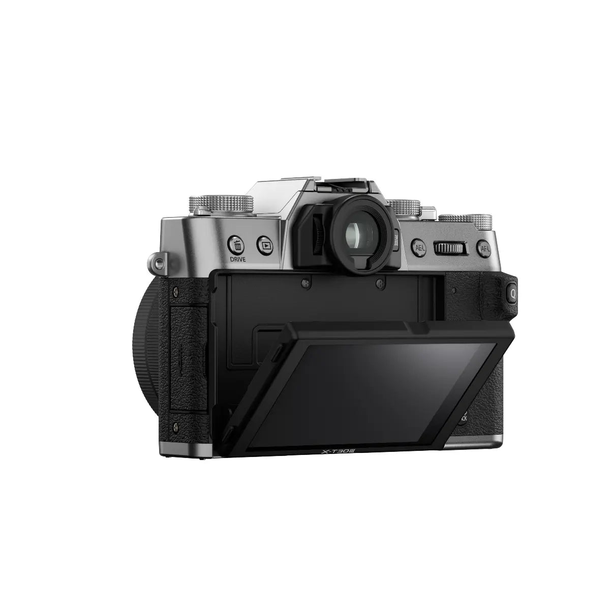 Black camera body with a screen on a white background