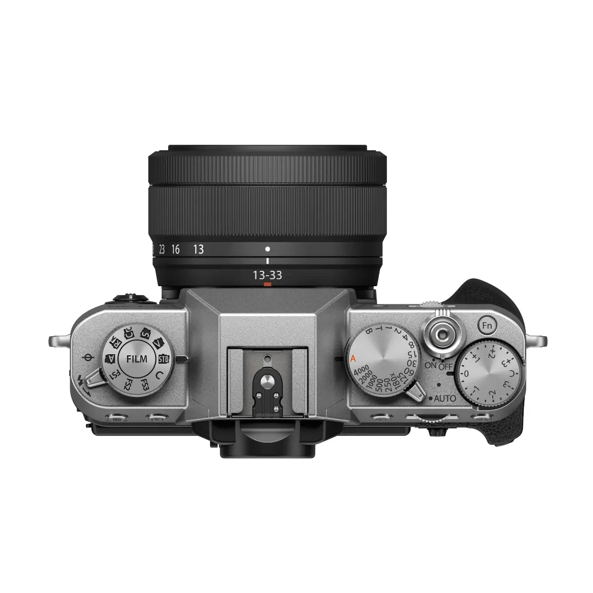 Camera body with lens on a white background