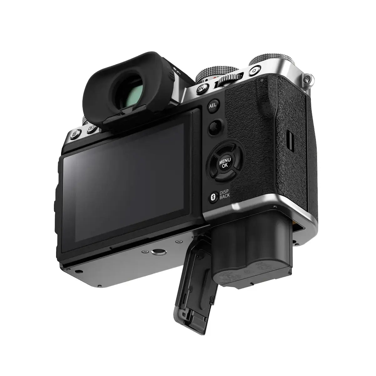 Fujifilm X-T5 Mirrorless Camera with 16-80mm f4 lens - Silver bottom with battery door open