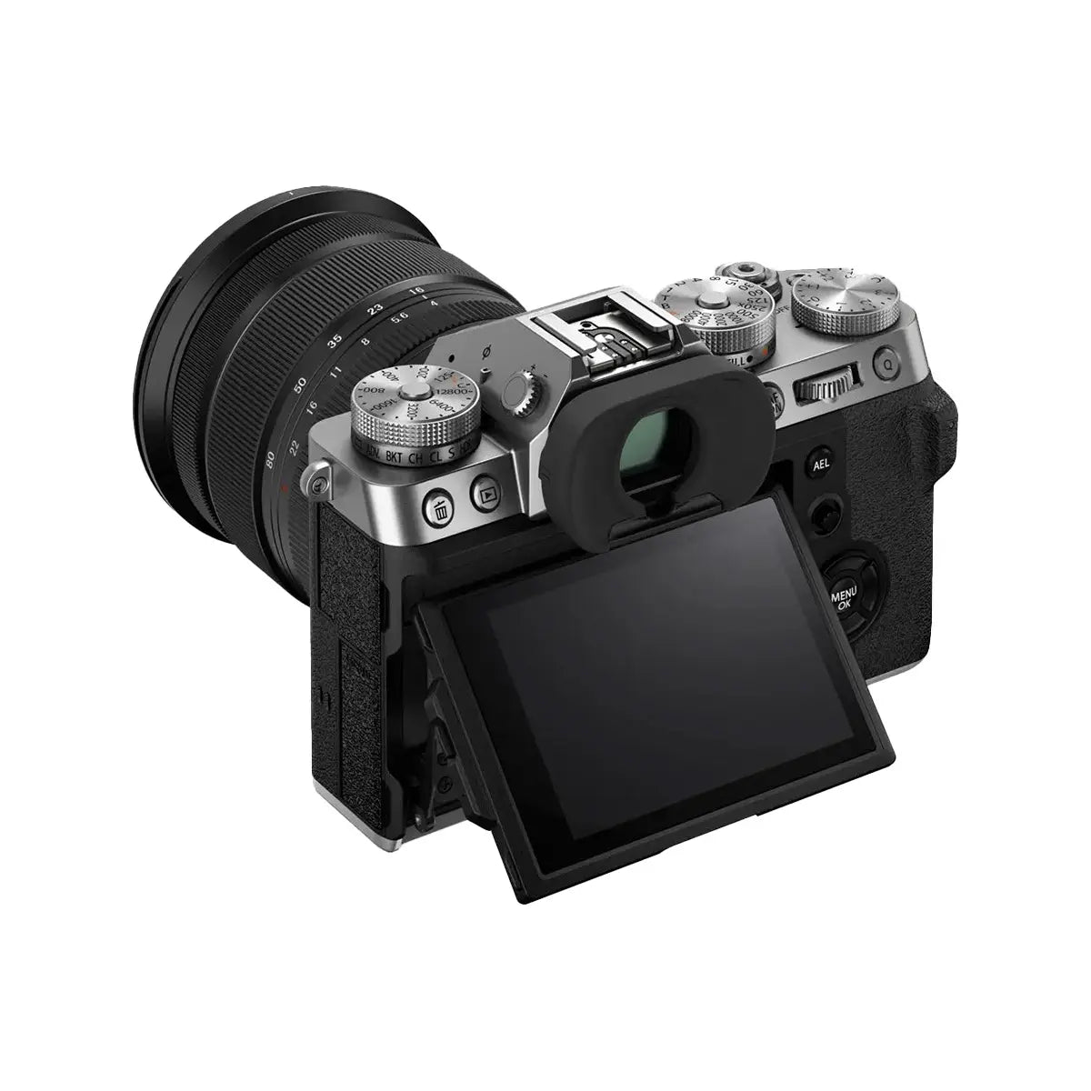Fujifilm X-T5 Mirrorless Camera with 16-80mm f4 lens - Silver back with screen rotated