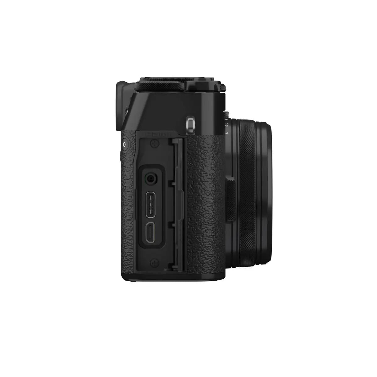 Fujifilm X100VI Digital Camera - Black side with media ports open