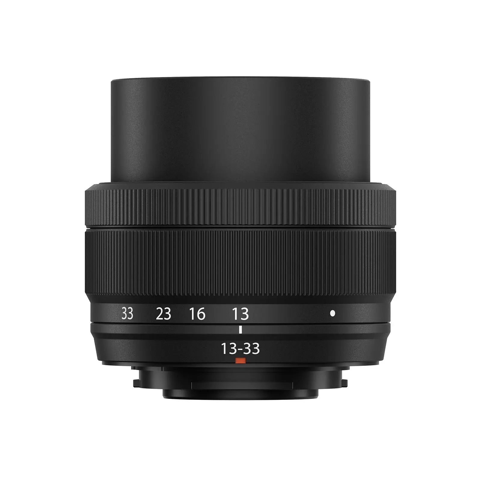 Black camera lens with focus scale on a white background