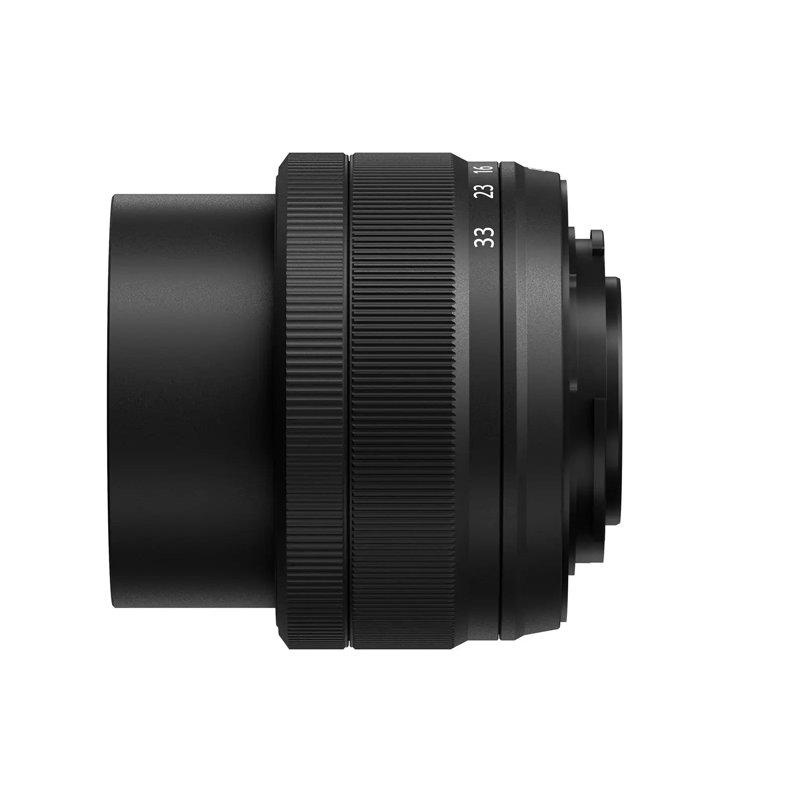 Black camera lens on a white background