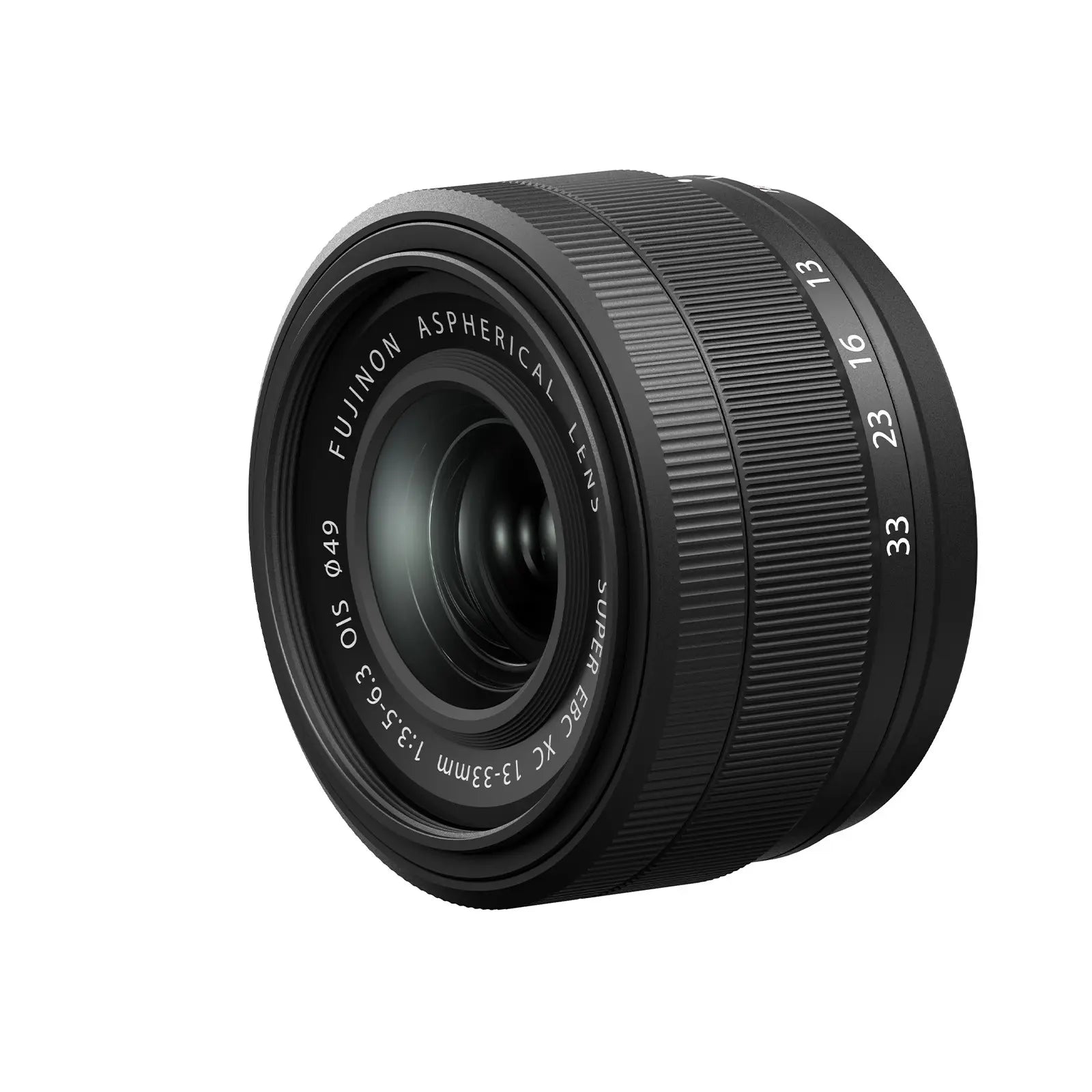 Black Fujifilm camera lens on a white background