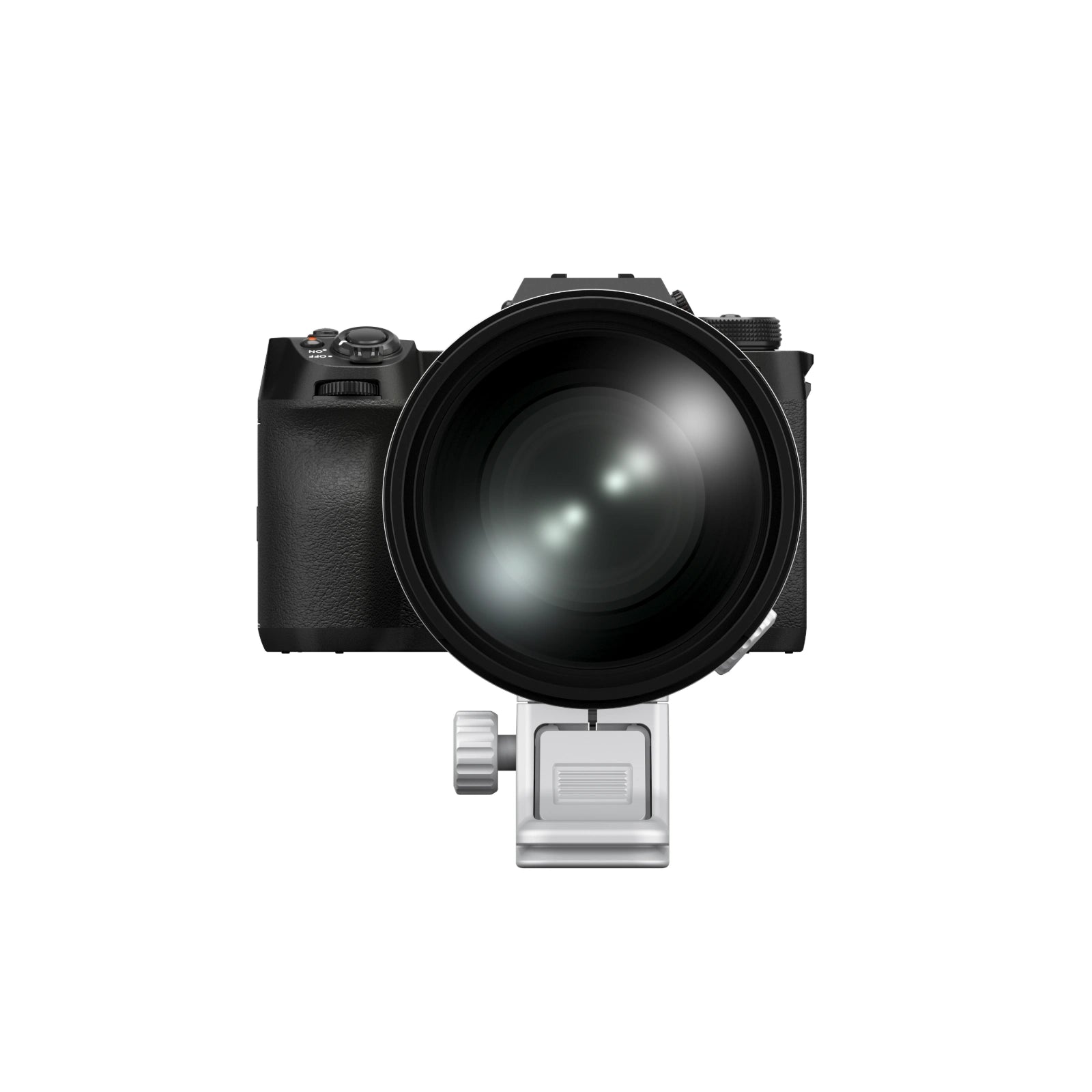 A silver and black Fujifilm lens with an integrated stand, shown from the front against a solid white background.