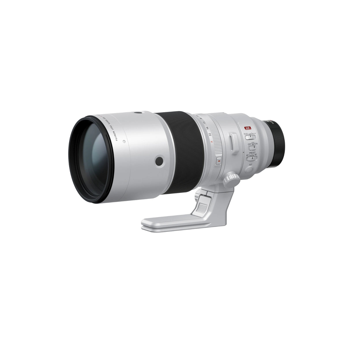 A silver and black Fujifilm lens with an integrated stand, shown from the side against a solid white background.