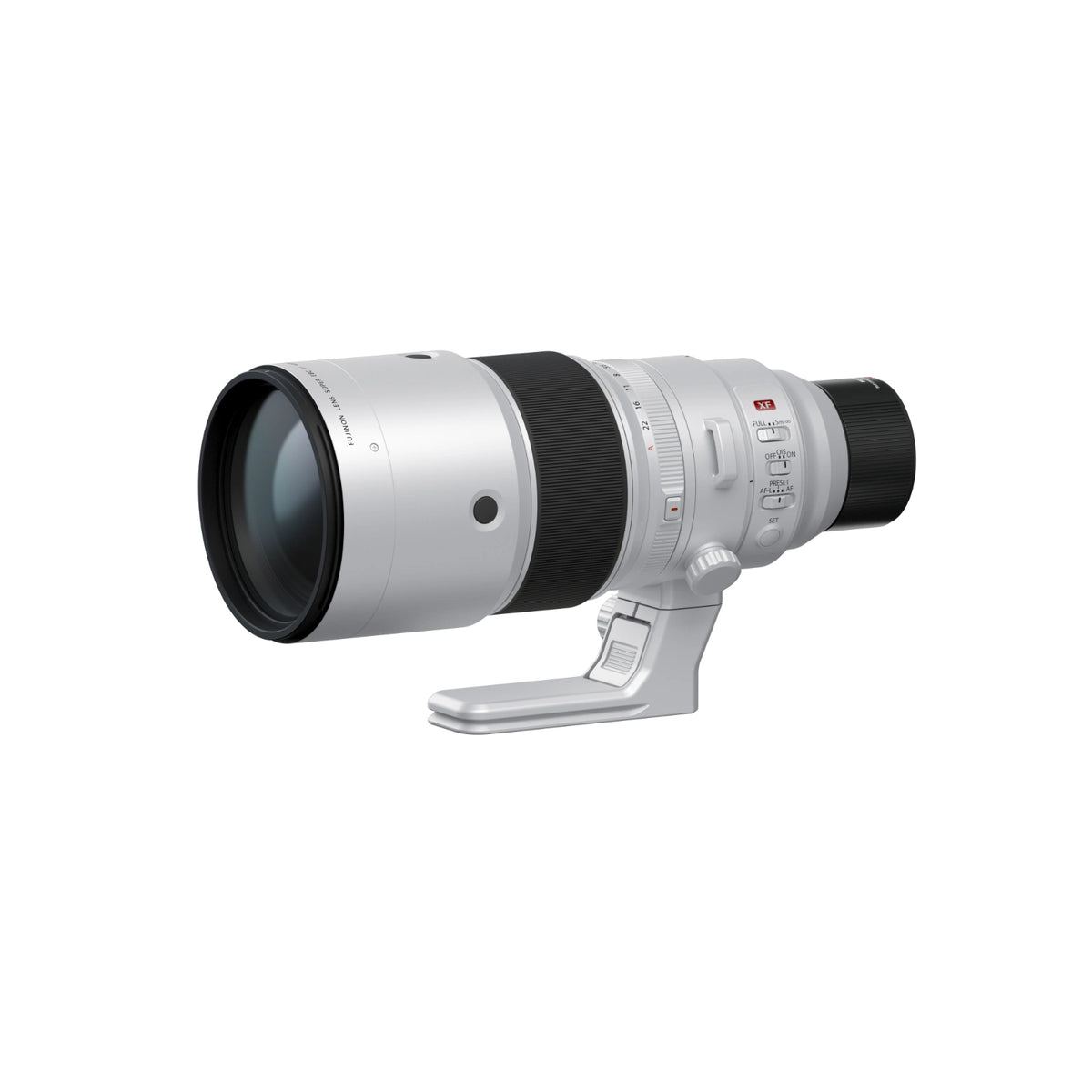 A silver and black Fujifilm lens with an integrated stand, shown from the side against a solid white background.