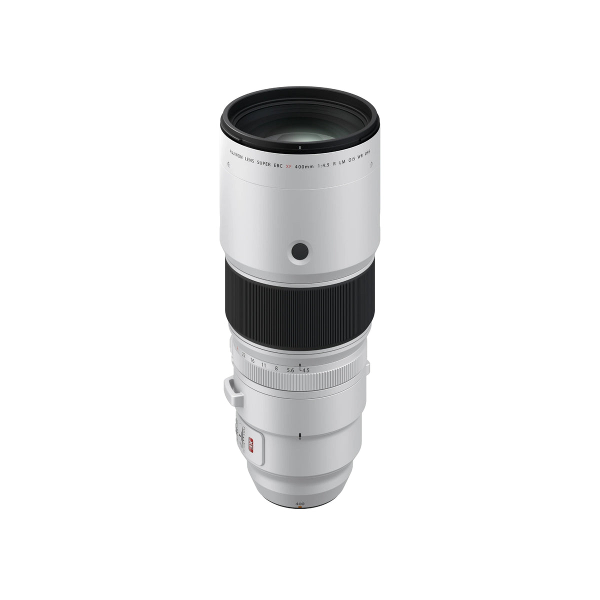 A silver and black Fujifilm lens with an integrated stand, shown from the top against a solid white background.